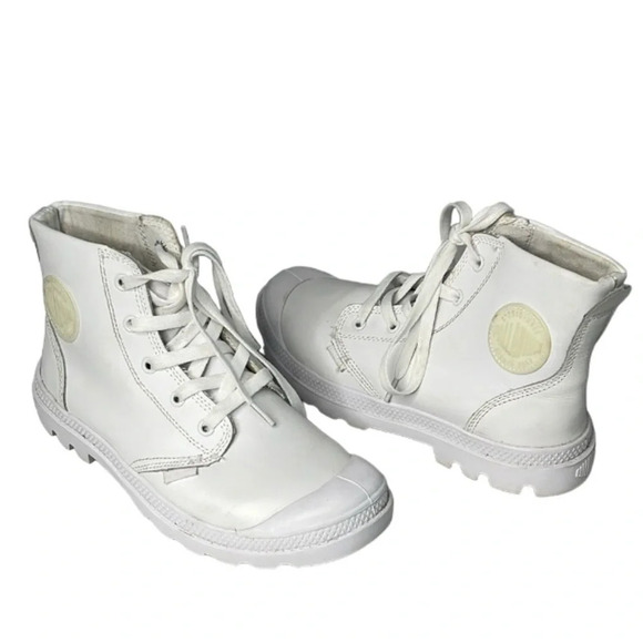 L’ORIGINALE PALLADIUM White Pampa Hi Top Lace Up Boots Sneakers Leather 7.5 - Picture 2 of 16